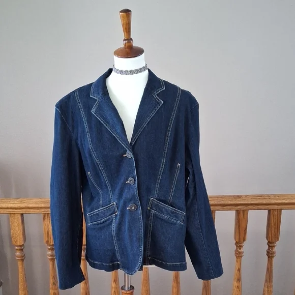 Navy Blue Denim Jacket with Blazer Cut and Relaxed Fit - Picture 1 of 7